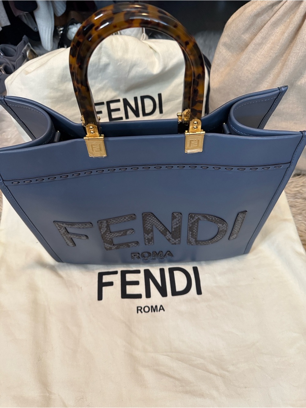 Fendi Blue Sunshine Leather Satchel with Tortoiseshell Handles and Gold Hardware